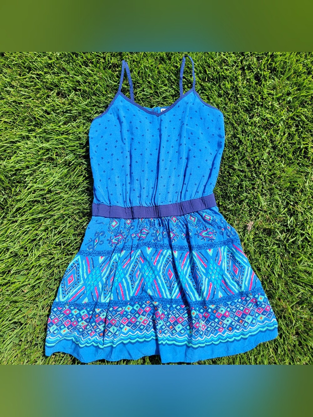 Y2K Forever 21 "Boutique" Womens Small Blue Patterned Dress Adj. Straps, Pockets
